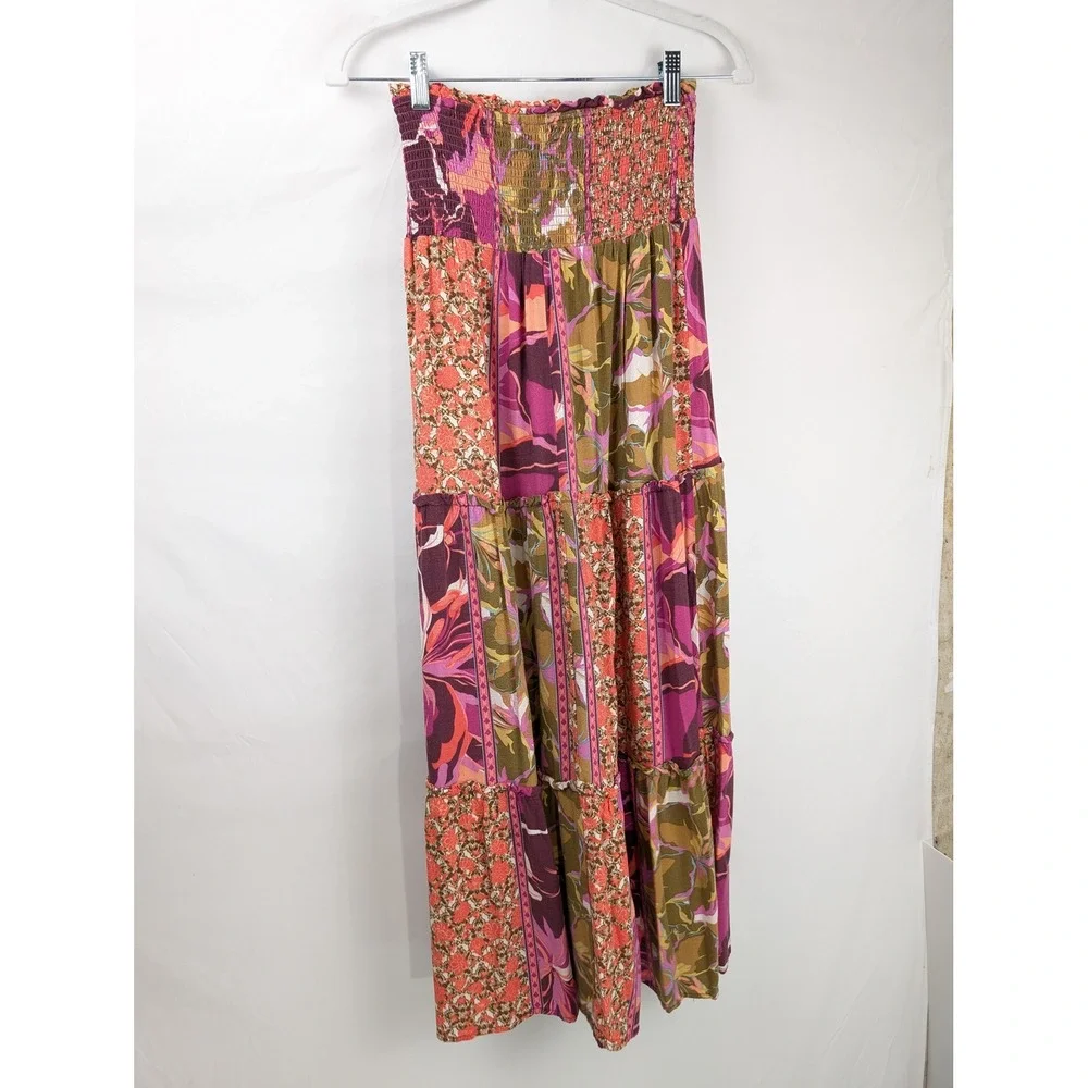 Floral Patchwork Smocked Maxi Skirt Purple Pink Cottagecore Priaire Hippie Boho